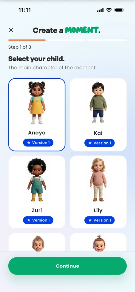 The Iniminimo app, step one of three: select your child.