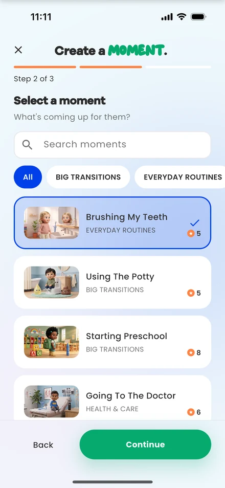The Iniminimo app, step two of three: the moment browser, mid-selection.